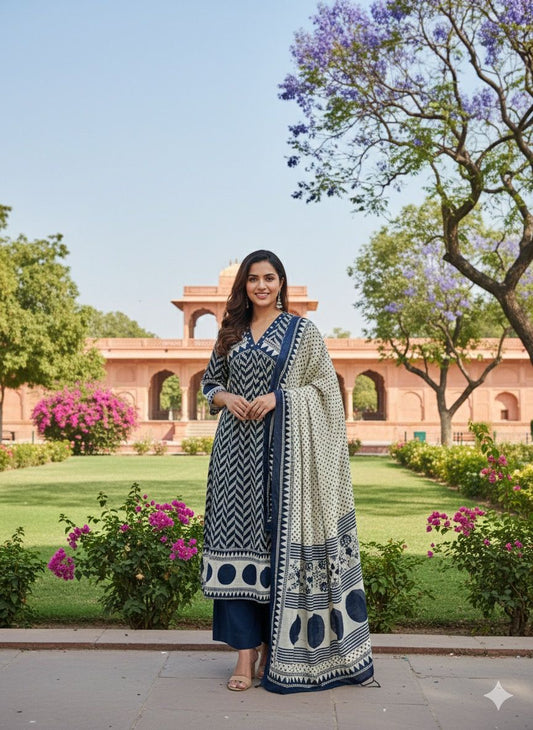 Jaipuri Cotton Kurti Pant Dupptta 3 Piece Sets