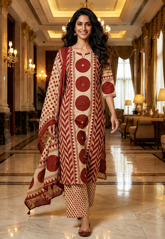 Jaipuri Cotton Kurti Pant Dupptta 3 Piece Sets