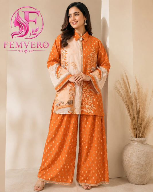 Orange Muslin Printed co-ard Set