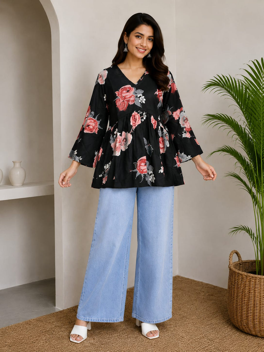 Black Red Floral Alia Cut Top