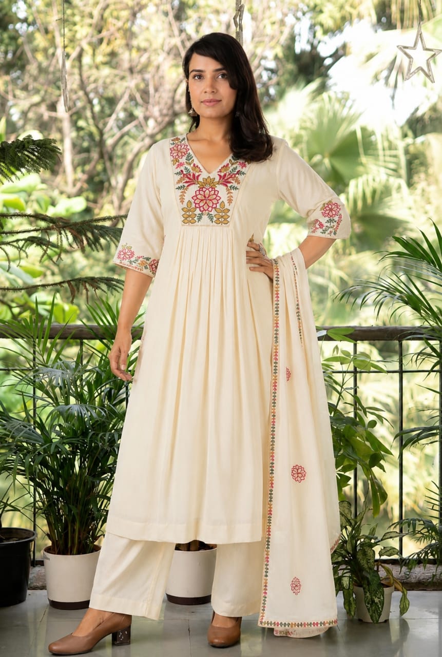 Premium Mul Chanderi Embroidered 3 Pc Suit Set