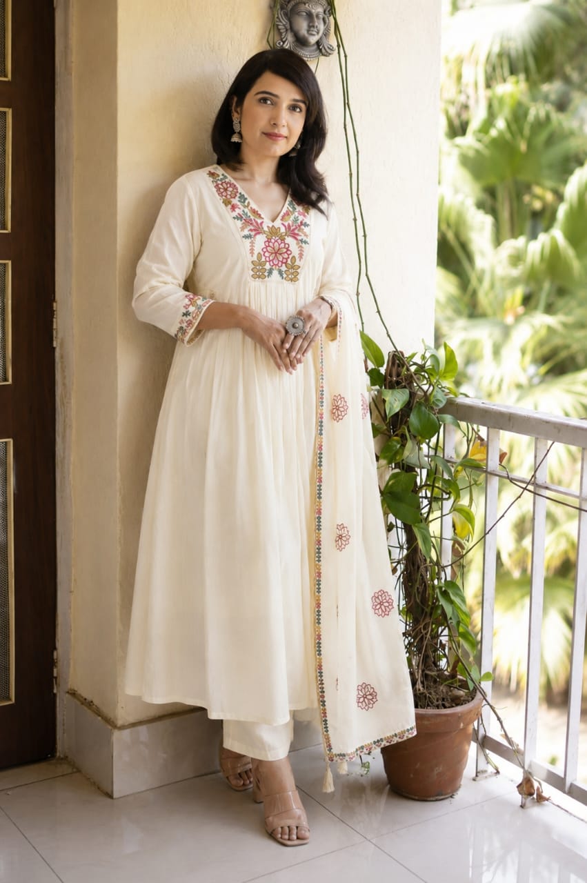 Premium Mul Chanderi Embroidered 3 Pc Suit Set