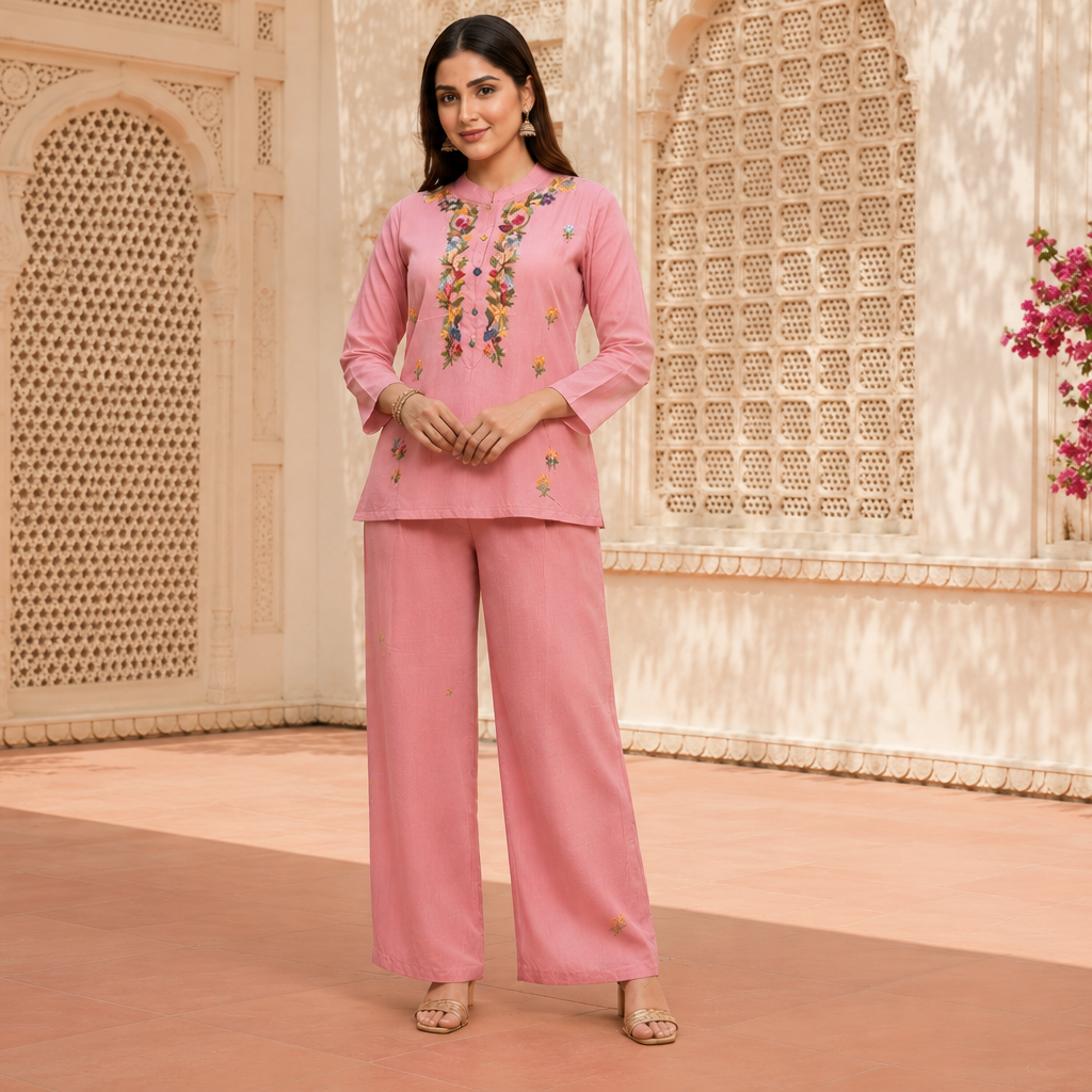 Blush Pink Hand Embroidered co-ard Set