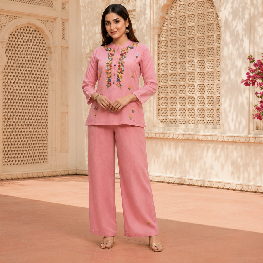 Blush Pink Hand Embroidered Co-ord Set