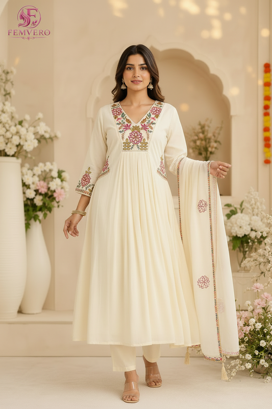 Premium Mul Chanderi Embroidered 3 Pc Suit Set