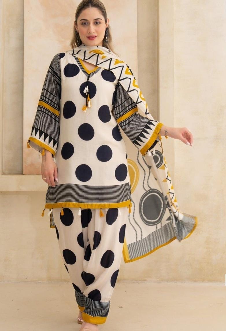 Farshi Salwar Off White Suit with black Polka dots