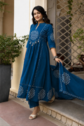 Motifs Printed Empire Mirror Work Pure Cotton Kurta with Trousers & With Dupatta