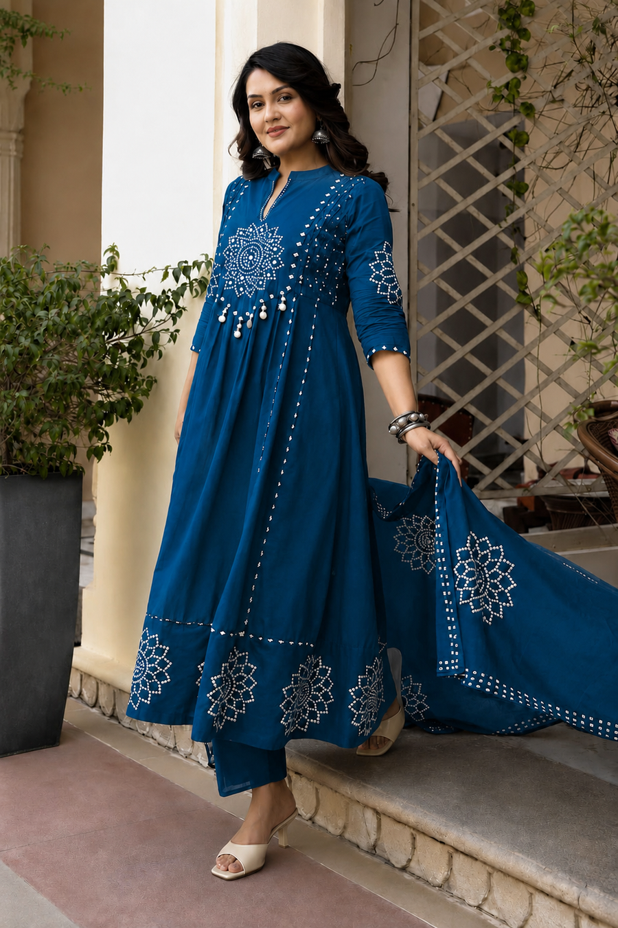 Motifs Printed Empire Mirror Work Pure Cotton Kurta with Trousers & With Dupatta
