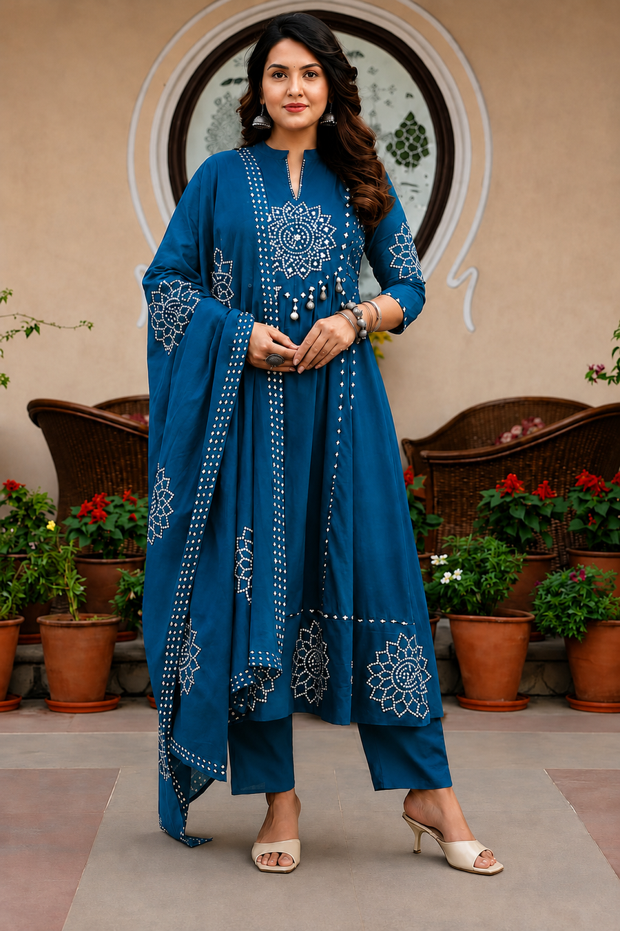 Motifs Printed Empire Mirror Work Pure Cotton Kurta with Trousers & With Dupatta