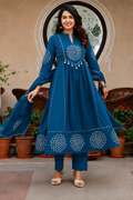 Motifs Printed Empire Mirror Work Pure Cotton Kurta with Trousers & With Dupatta