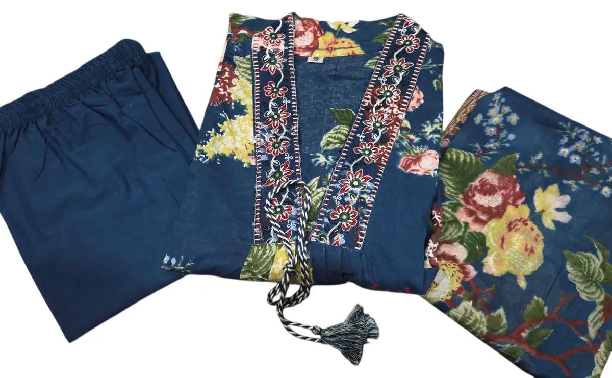 Printed Pure Cotton V-Neck Kurta & Trousers With Dupatta