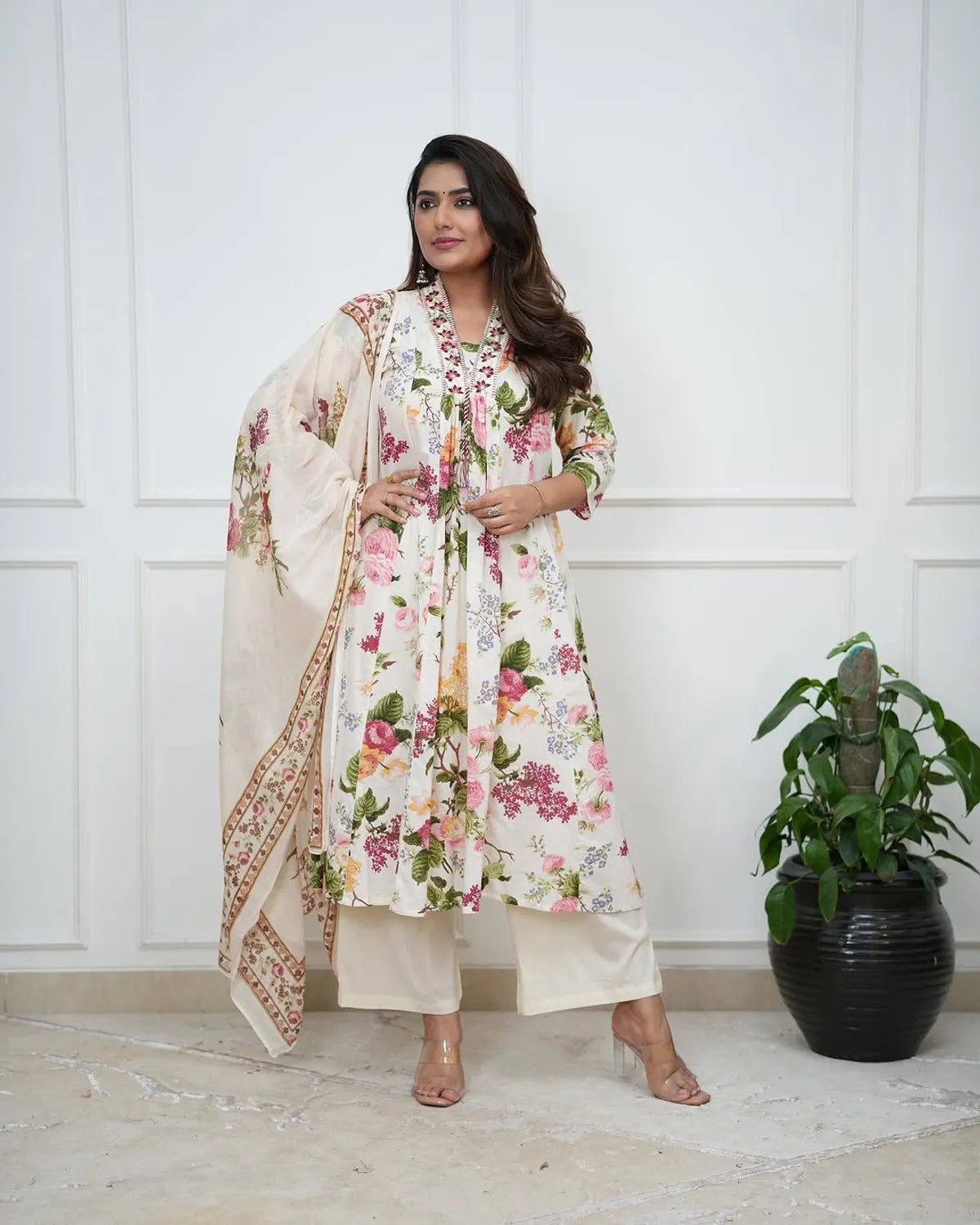 Printed Pure Cotton V-Neck Kurta & Trousers With Dupatta