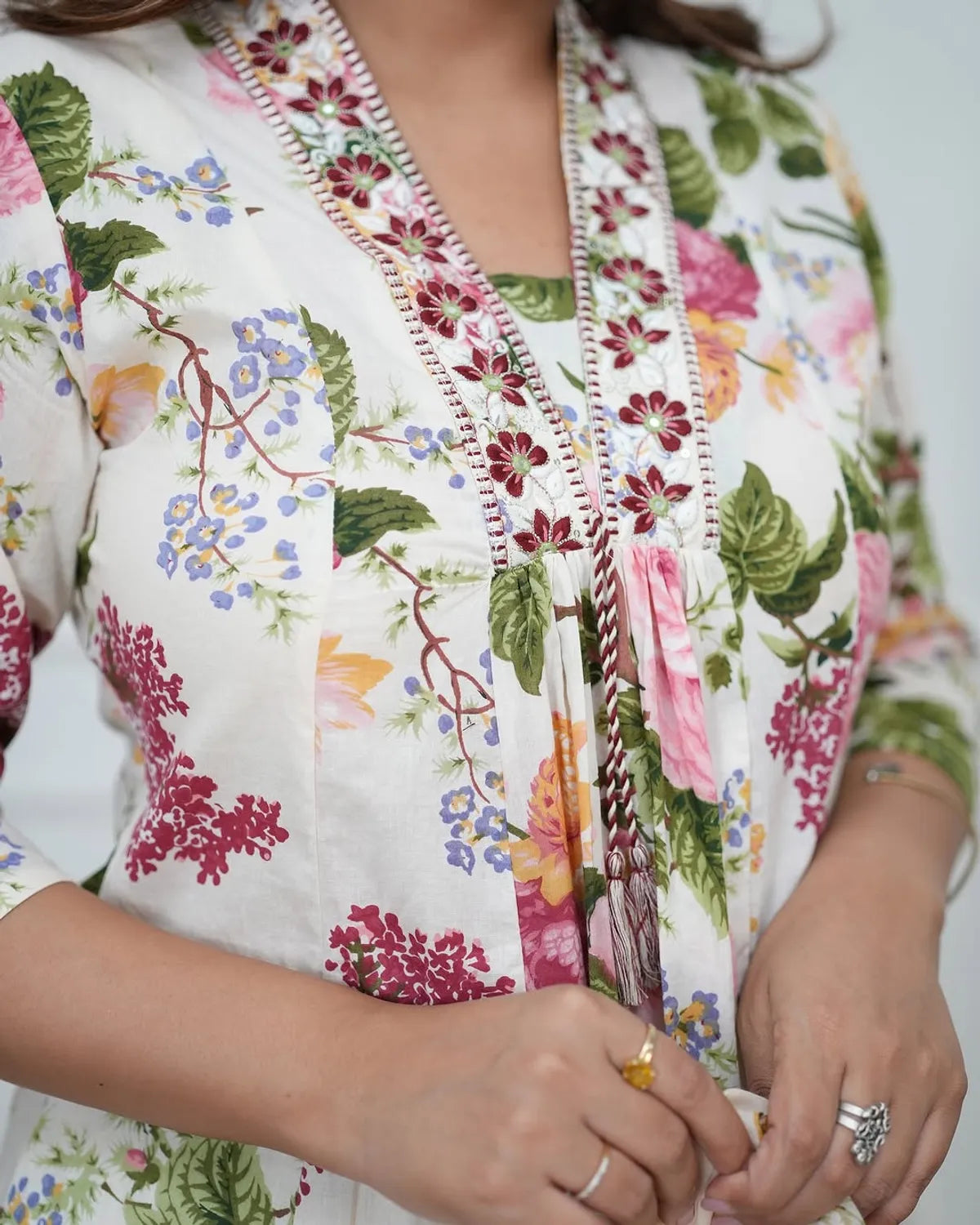 Printed Pure Cotton V-Neck Kurta & Trousers With Dupatta