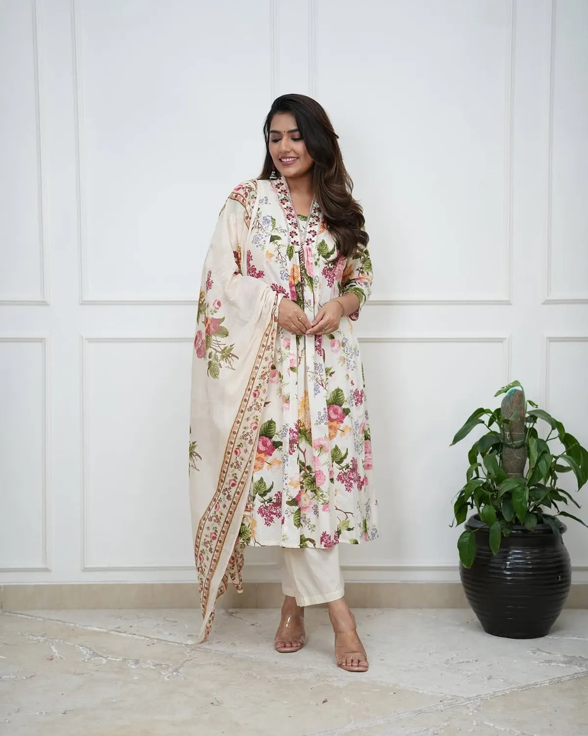 Printed Pure Cotton V-Neck Kurta & Trousers With Dupatta