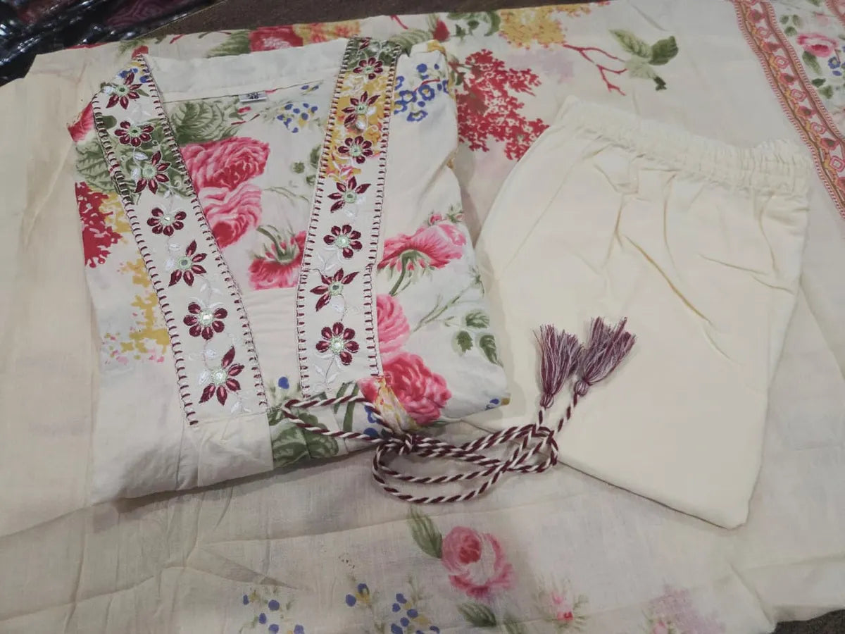 Printed Pure Cotton V-Neck Kurta & Trousers With Dupatta