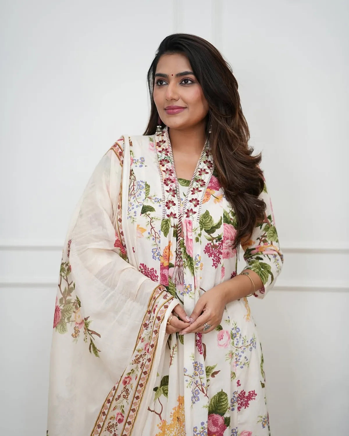 Printed Pure Cotton V-Neck Kurta & Trousers With Dupatta