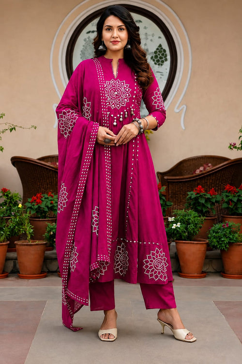 Motifs Printed Empire Mirror Work Pure Cotton Kurta with Trousers & With Dupatta