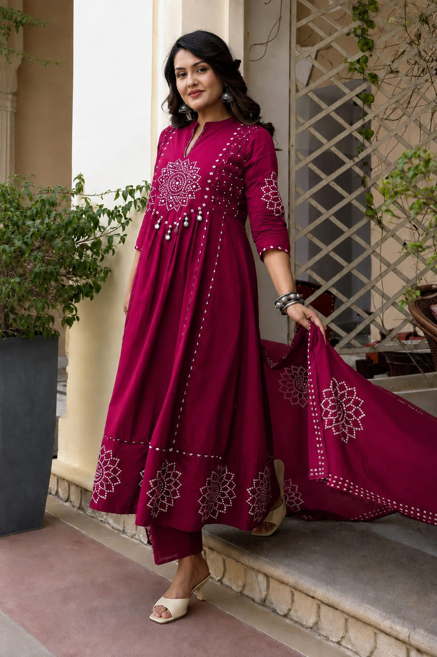 Motifs Printed Empire Mirror Work Pure Cotton Kurta with Trousers & With Dupatta