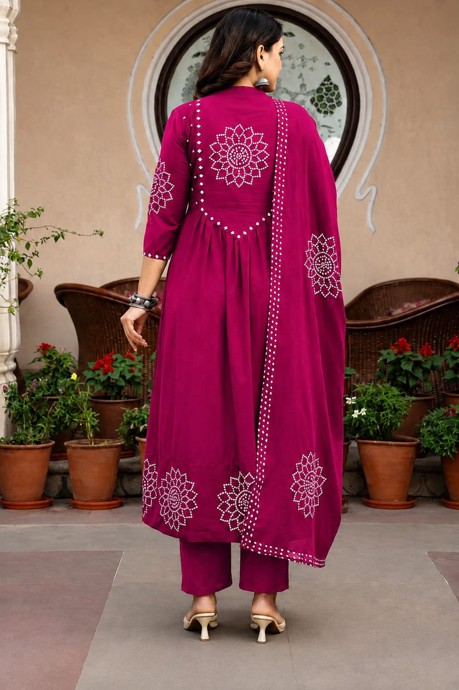 Motifs Printed Empire Mirror Work Pure Cotton Kurta with Trousers & With Dupatta