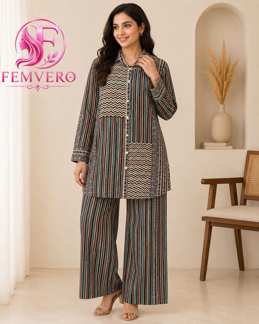 Pure Muslin Striped co-ard Set