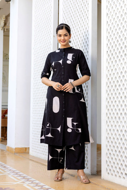 Black Abstract Print Cotton Co-Ard Set for Women