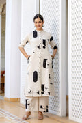 Beige Abstract Print Cotton Co-Ard Set for Women