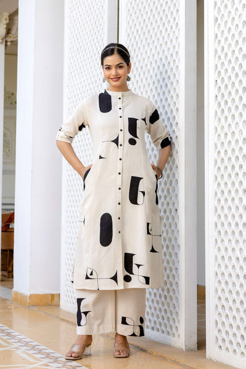 Beige Abstract Print Cotton Co-Ard Set for Women