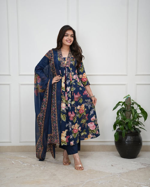 Printed Pure Cotton V-Neck Kurta & Trousers With Dupatta