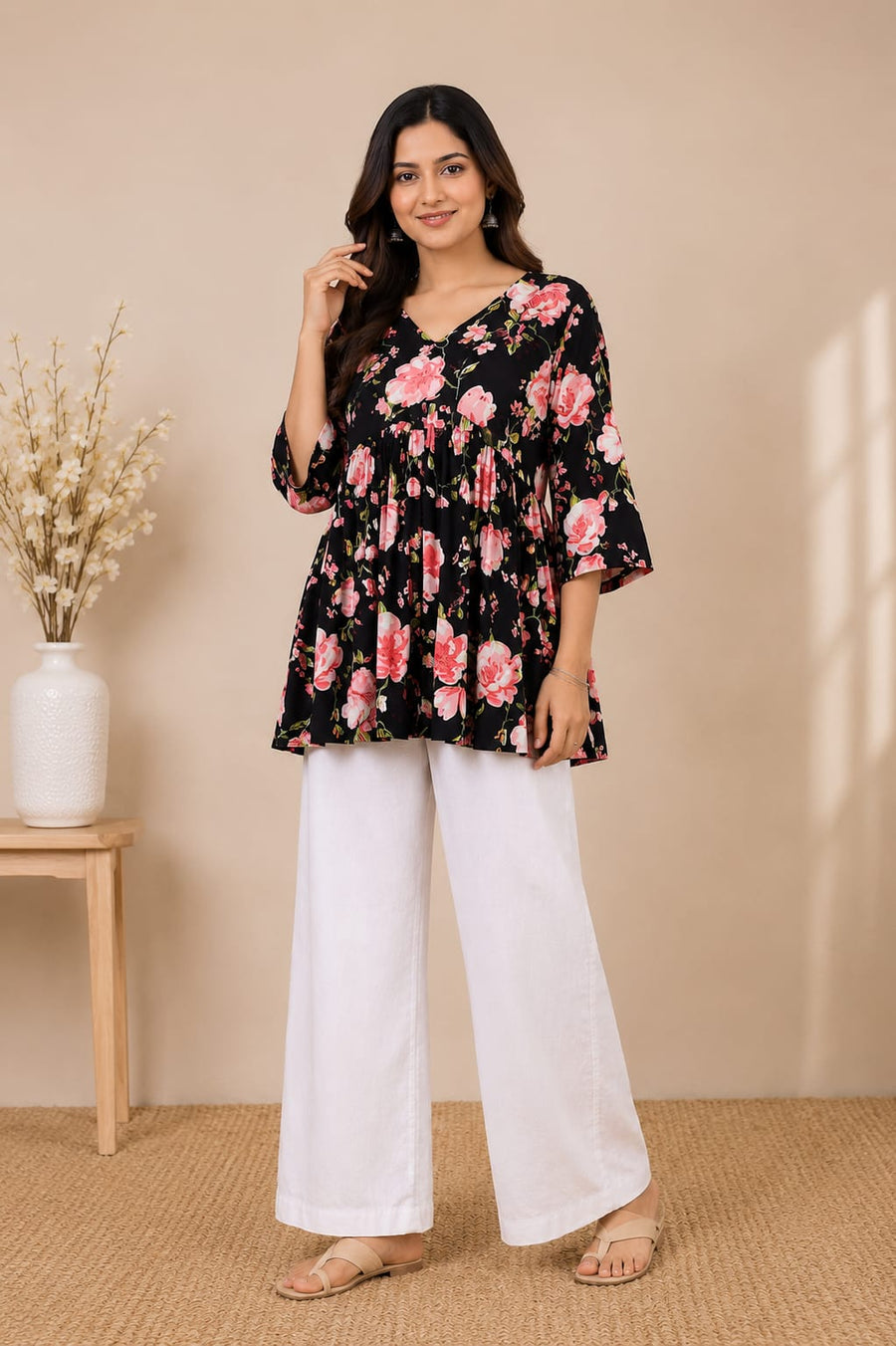 Black Pink Floral Alia Cut Top