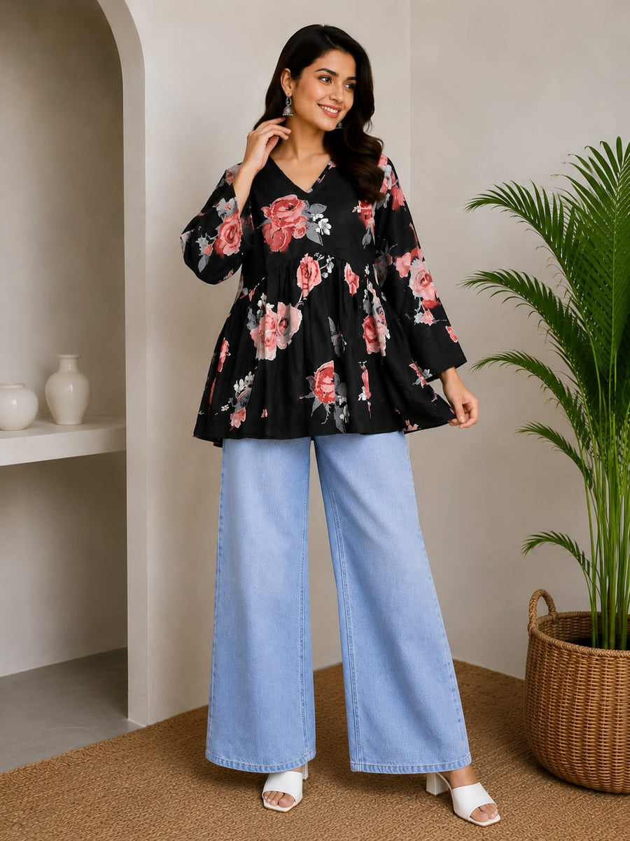 Black Red Floral Alia Cut Top