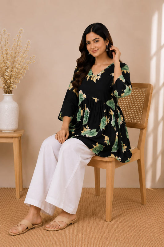 Black Green Floral Alia Cut Top