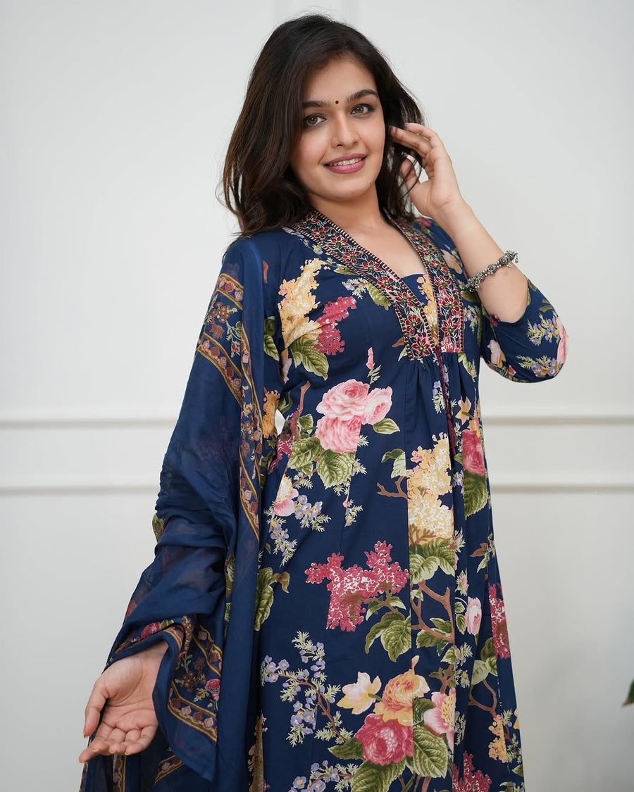 Printed Pure Cotton V-Neck Kurta & Trousers With Dupatta