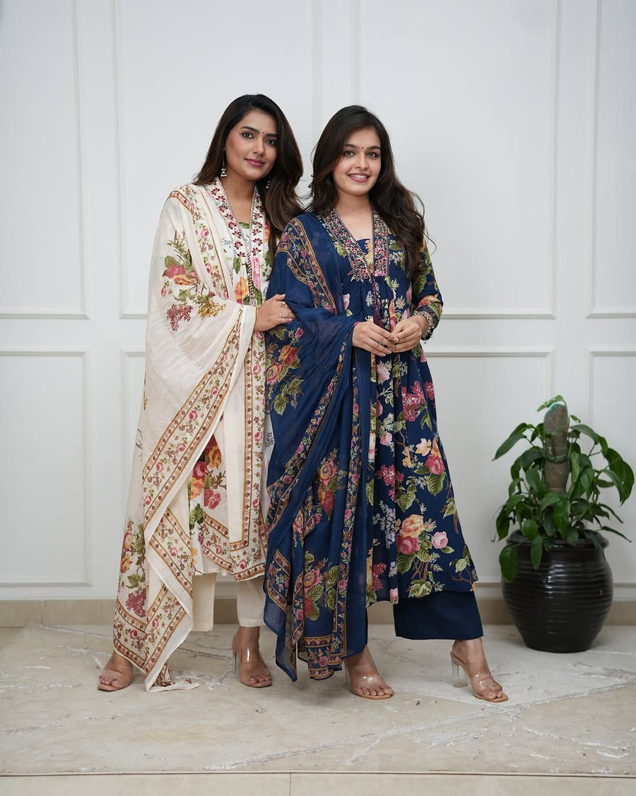 Printed Pure Cotton V-Neck Kurta & Trousers With Dupatta