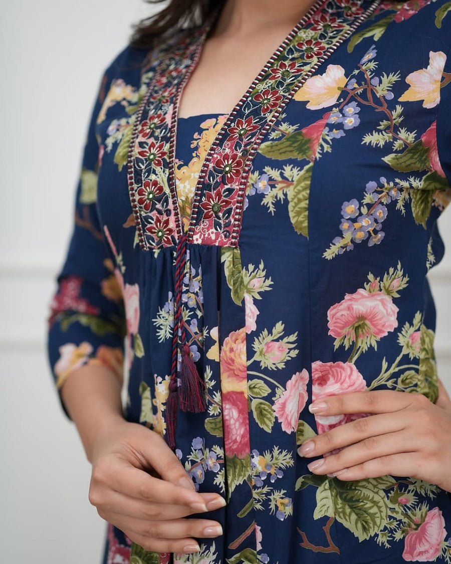 Printed Pure Cotton V-Neck Kurta & Trousers With Dupatta