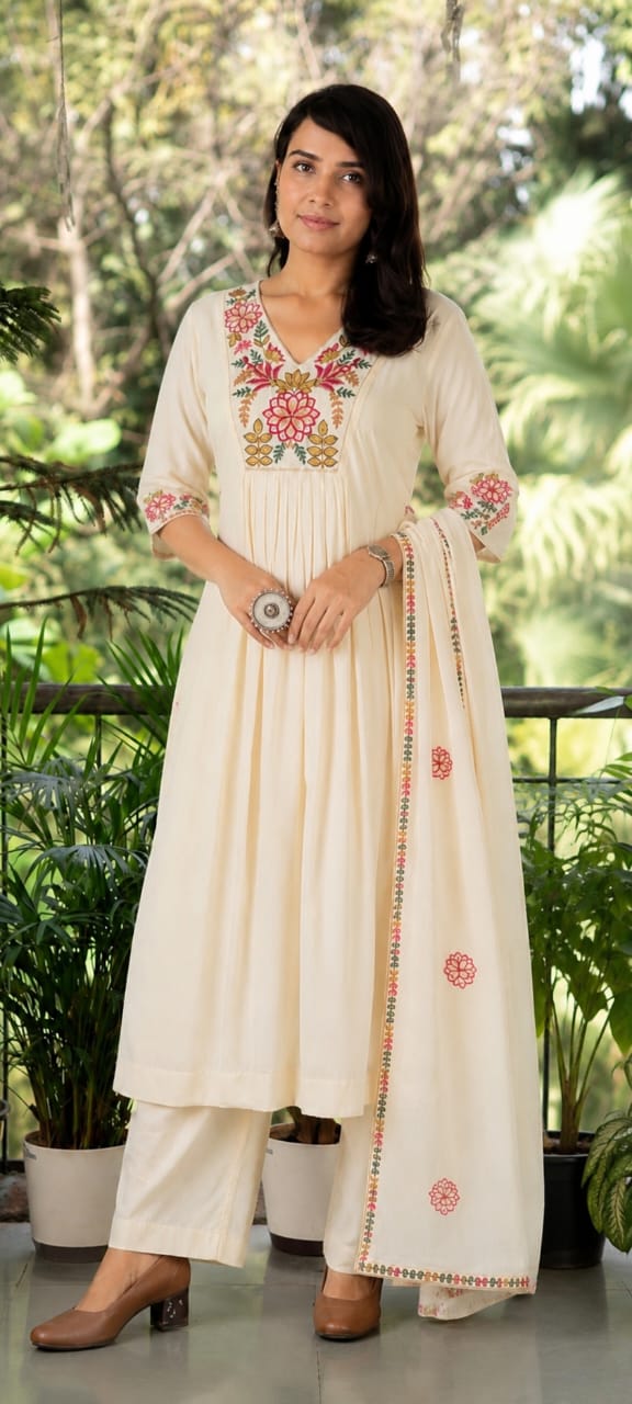 Premium Mul Chanderi Embroidered 3 Pc Suit Set