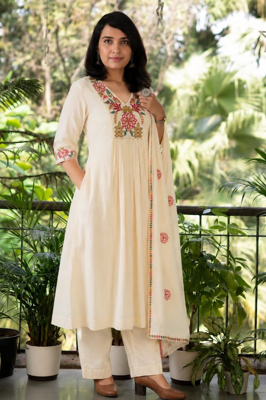Premium Mul Chanderi Embroidered 3 Pc Suit Set