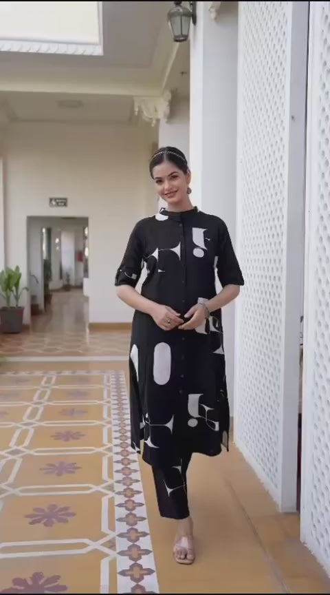 Black Abstract Print Cotton Co-Ard Set for Women